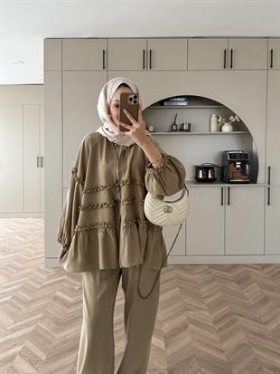 Bağlamalı Fırfır Detaylı Tensel Takım Yağ Yeşili (1990)