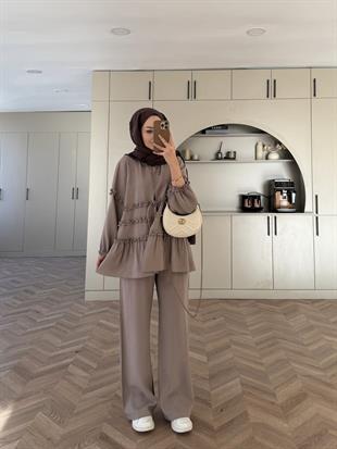 Bağlamalı Fırfır Detaylı Tensel Takım Vizon (1990)