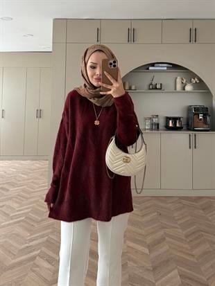 Baklava Desen Simli Triko Kazak Bordo