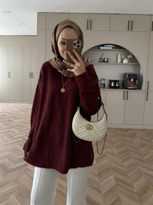 Baklava Desen Simli Triko Kazak Bordo