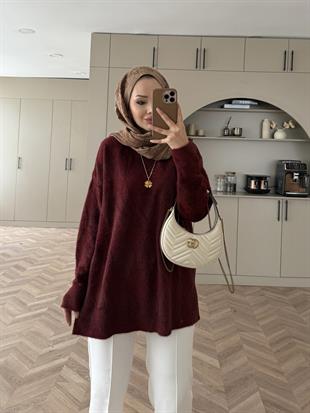 Baklava Desen Simli Triko Kazak Bordo