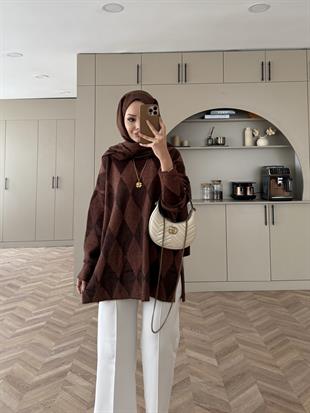 Baklava Desen Simli Triko Kazak Kahve