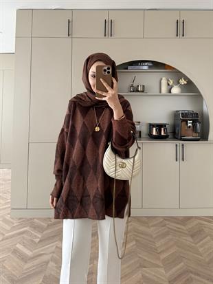 Baklava Desen Simli Triko Kazak Kahve