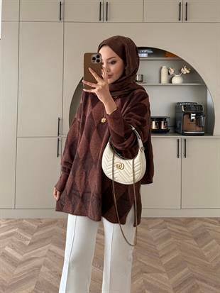 Baklava Desen Simli Triko Kazak Kahve