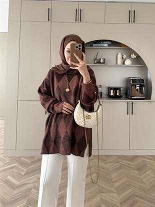 Baklava Desen Simli Triko Kazak Kahve