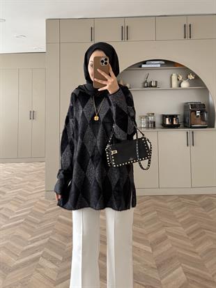 Baklava Desen Simli Triko Kazak Siyah