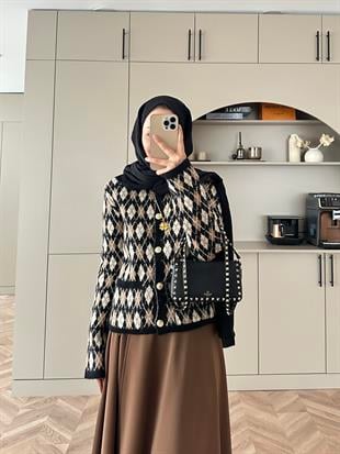 Baklava Desen Triko Hırka Siyah