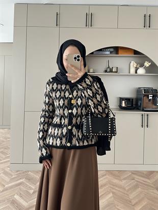 Baklava Desen Triko Hırka Siyah