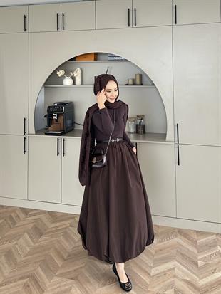 Balon Etekli Elbise Acı Kahve