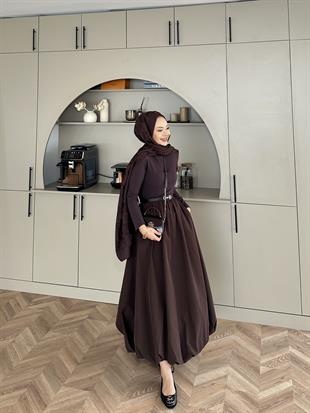 Balon Etekli Elbise Acı Kahve