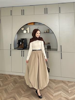 Balon Etekli Elbise Bej