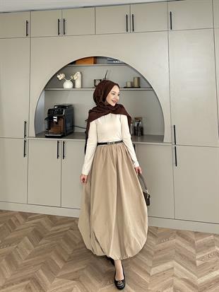 Balon Etekli Elbise Bej