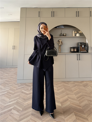 Barrel Beli Büzgülü Pantolonlu Takım Lacivert (616)