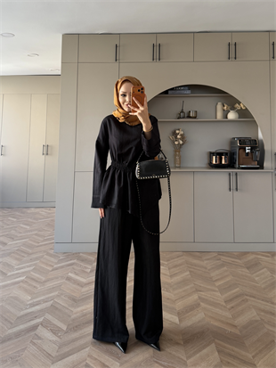 Barrel Beli Büzgülü Pantolonlu Takım Siyah (616)