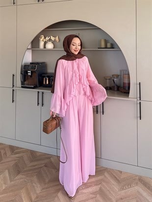Basel Fırfırlı Pantolon Takım Pembe (2411)