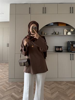 Basic Uzun Kollu Bluz Kahverengi