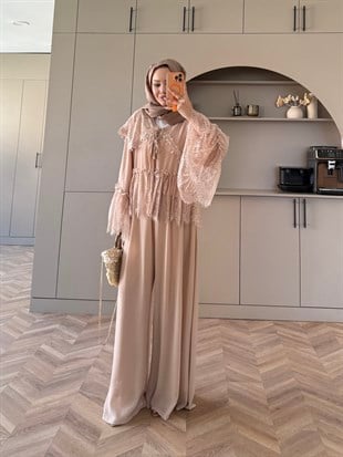 Belinay Şifon Pantolon Takım Bej (5784)