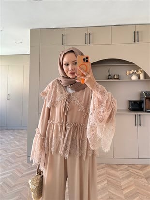 Belinay Şifon Pantolon Takım Bej (5784)