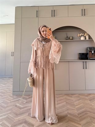 Belinay Şifon Pantolon Takım Bej (5784)