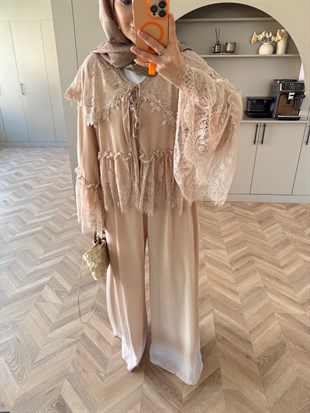 Belinay Şifon Pantolon Takım Bej (5784)