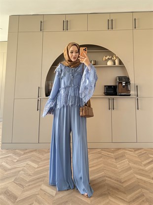 Belinay Şifon Pantolon Takım Mavi (5784)