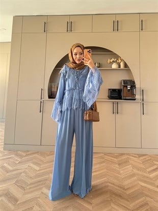 Belinay Şifon Pantolon Takım Mavi (5784)
