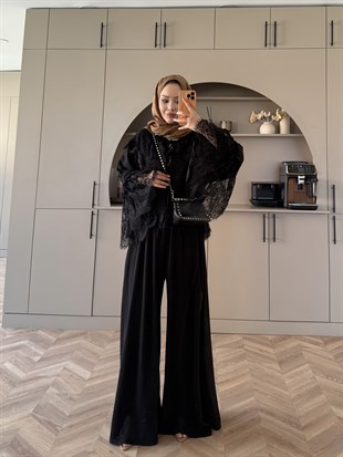 Belinay Dantelli Pantolon Takım Siyah (5784)