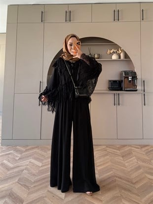 Belinay Dantelli Pantolon Takım Siyah (5784)
