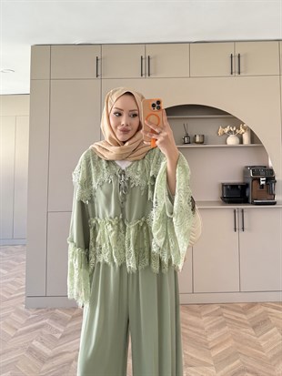 Belinay Şifon Pantolon Takım Yeşil (5784)