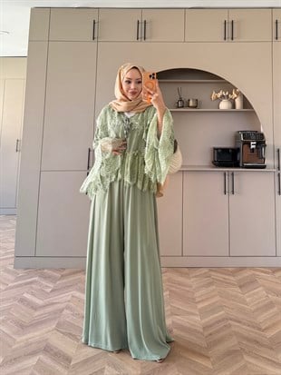 Belinay Şifon Pantolon Takım Yeşil (5784)