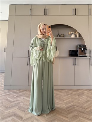 Belinay Şifon Pantolon Takım Yeşil (5784)