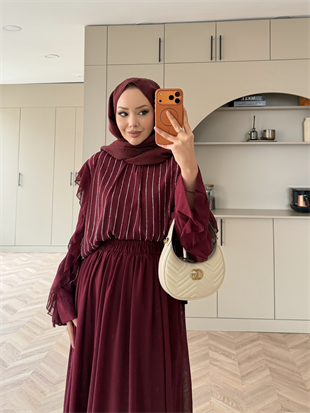 Berry Taşlı Etekli Takım Bordo (5725)