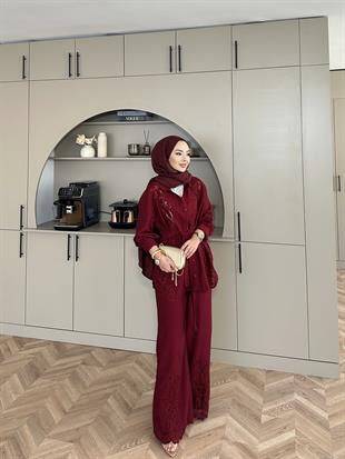 Biana Pantolonlu Takım Bordo 