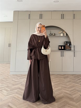 Billow Asimetrik Kesim Pantolon Takım Acı Kahve (4476)