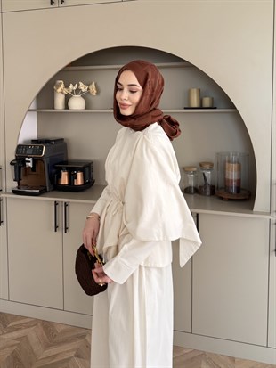 Billow Asimetrik Kesim Pantolon Takım Ekru (4476)