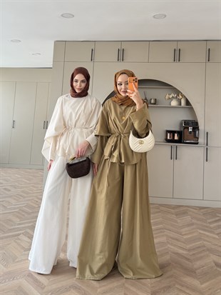 Billow Asimetrik Kesim Pantolon Yağ Yeşili (4476)