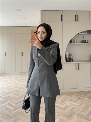 Birit Düğme Detaylı Blazer Takım Antrasit (26042)