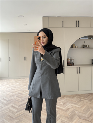Birit Düğme Detaylı Blazer Takım Antrasit (26042)