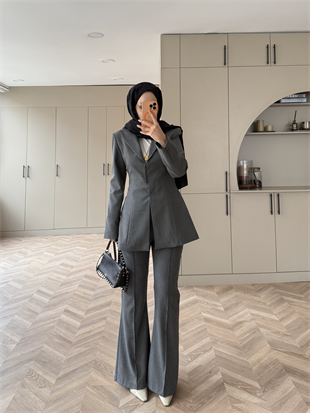 Birit Düğme Detaylı Blazer Takım Antrasit (26042)