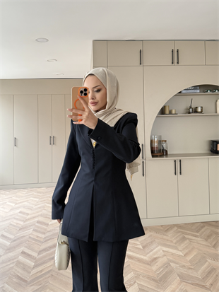 Birit Düğme Detaylı Blazer Takım Lacivert (26042)