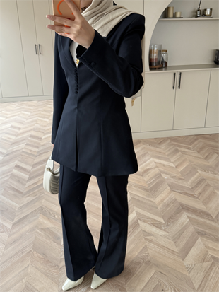 Birit Düğme Detaylı Blazer Takım Lacivert (26042)