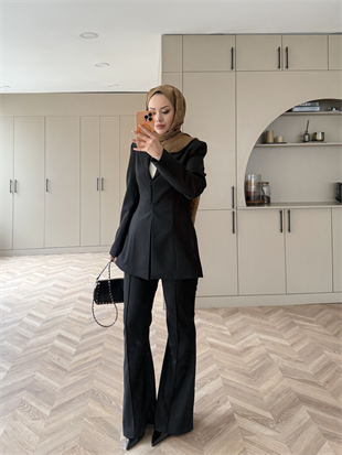 Birit Düğme Detaylı Blazer Takım Siyah (26042)