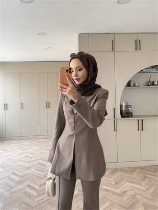 Biri Düğme Detaylı Blazer Takım Vizon (26042)