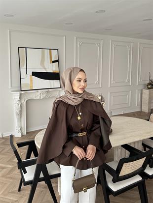 Blur Pelerinli Trençkot Acı Kahve