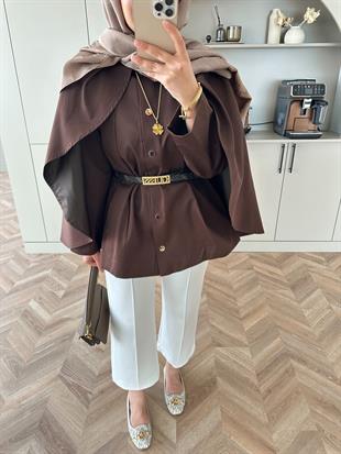 Blur Pelerinli Trençkot Acı Kahve