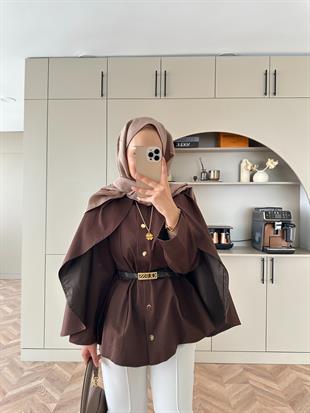 Blur Pelerinli Trençkot Acı Kahve