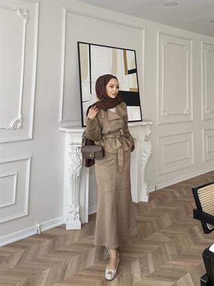 Bomber Ceketli Süet Etekli Takım Camel