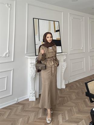 Bomber Ceketli Süet Etekli Takım Camel