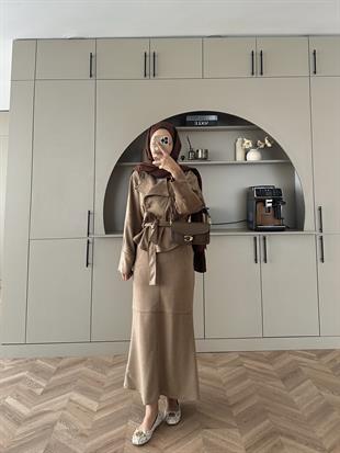 Bomber Ceketli Süet Etekli Takım Camel