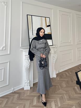 Bomber Ceketli Süet Etekli Takım Gri